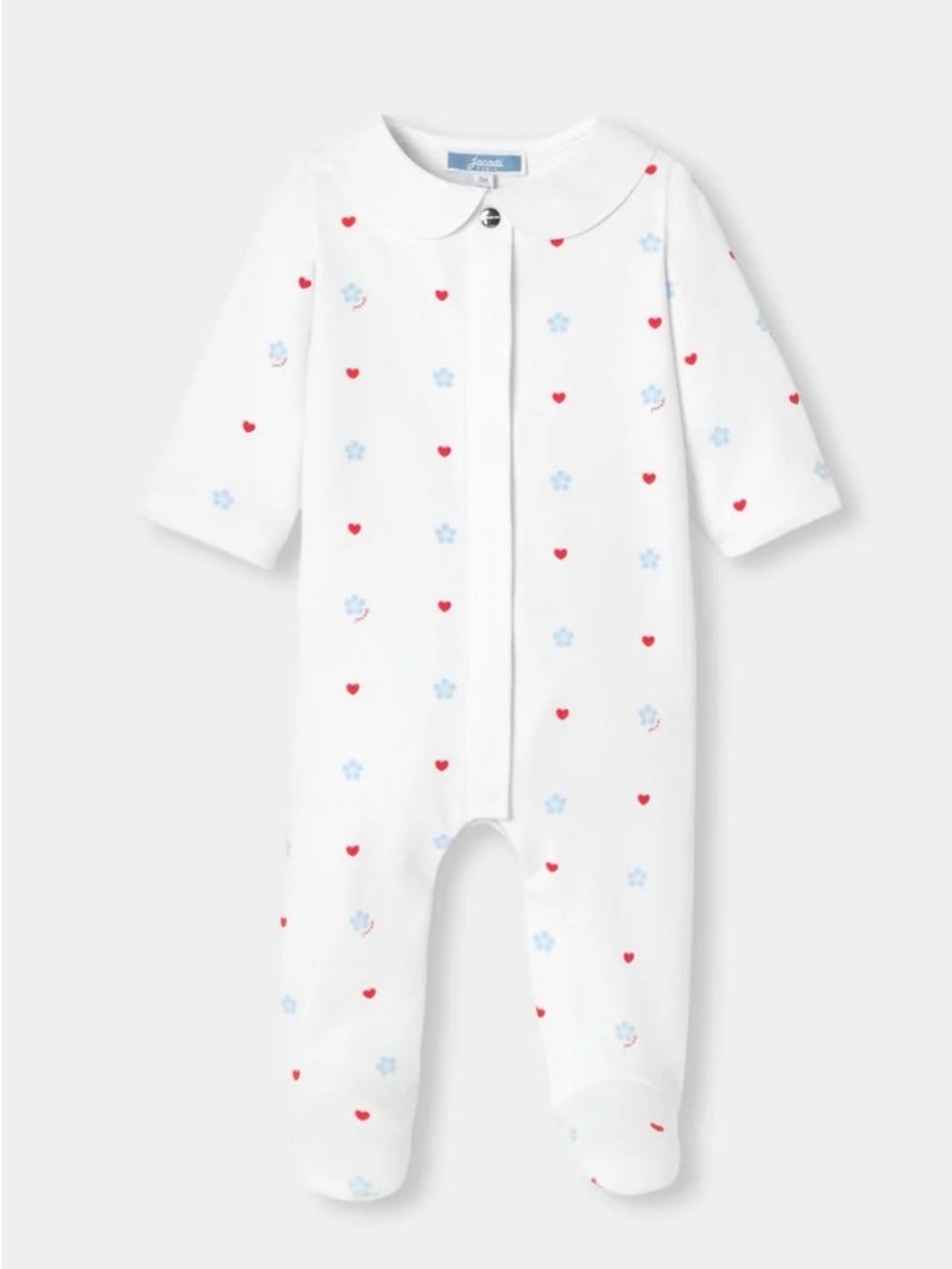 Jacadi Baby Footed One-Piece Romper in White with Blue Flowers & Red Hearts